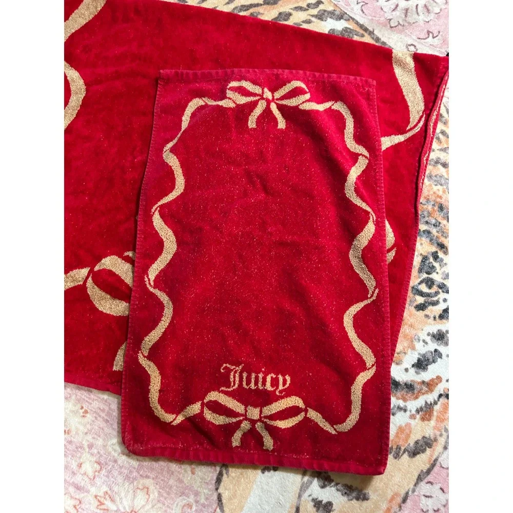 Juicy Couture Red‎ Gold Bow Towel Set Hand Towel Washcloth Cotton Viscose Home